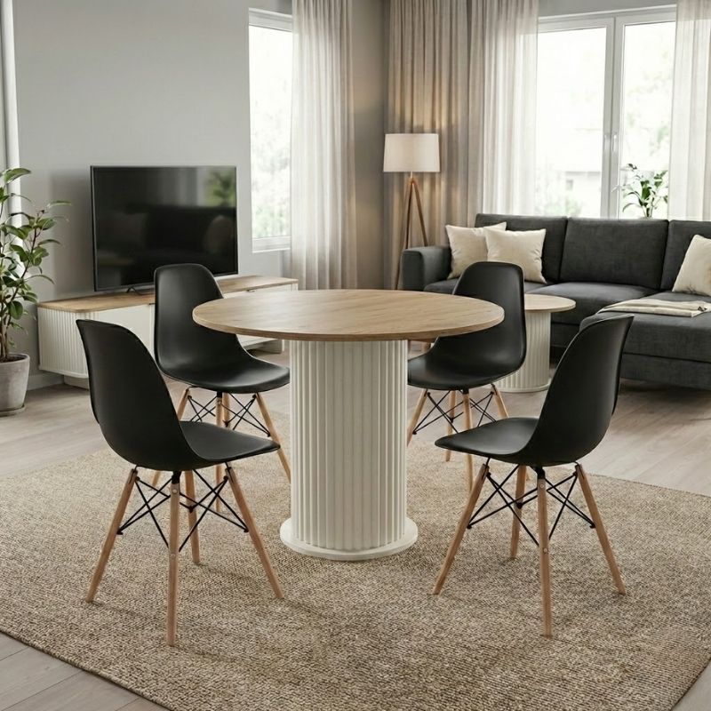 Σετ τραπεζαρία 5τμχ Bohema - Nova Megapap χρώμα ivory/sepet oak - μαύρο Ø90x77,7εκ.