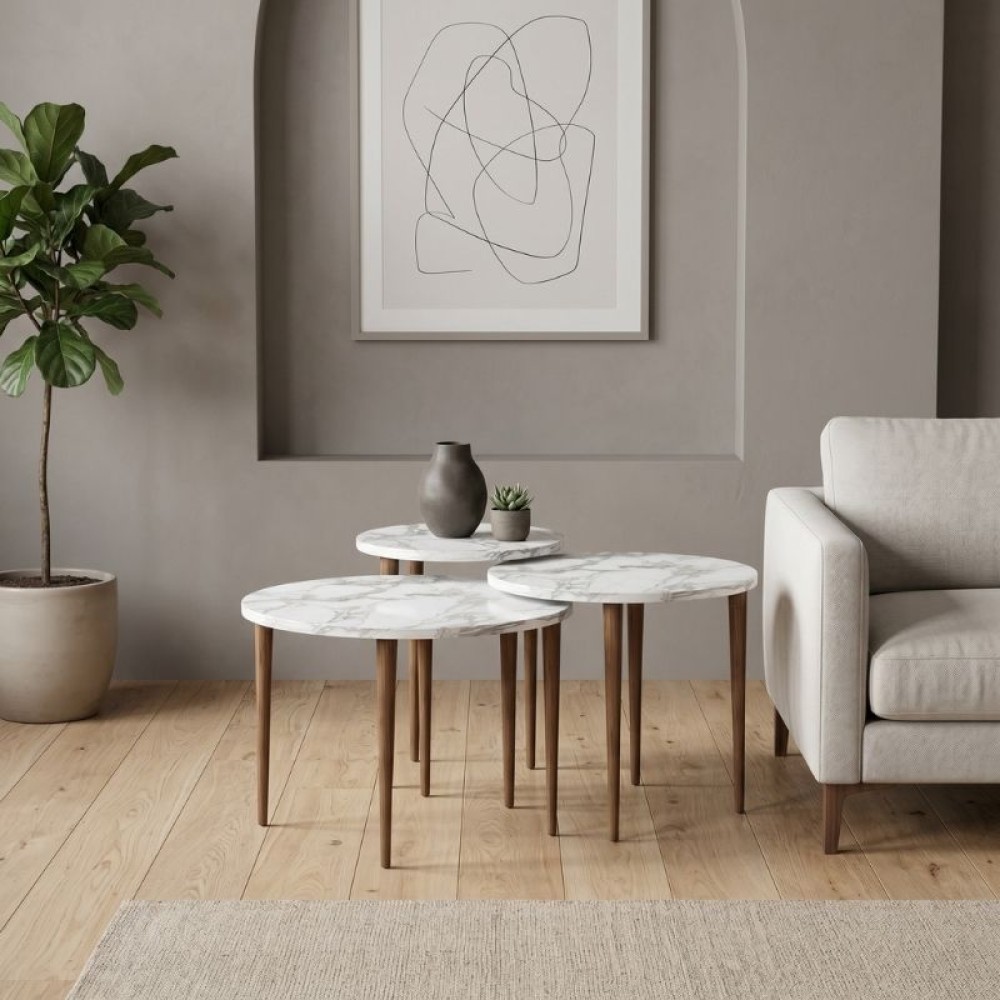 Τραπεζάκι σαλονιού σετ 3 τμχ Nola Megapap χρώμα λευκό εφέ μαρμάρου Ø60x46εκ.