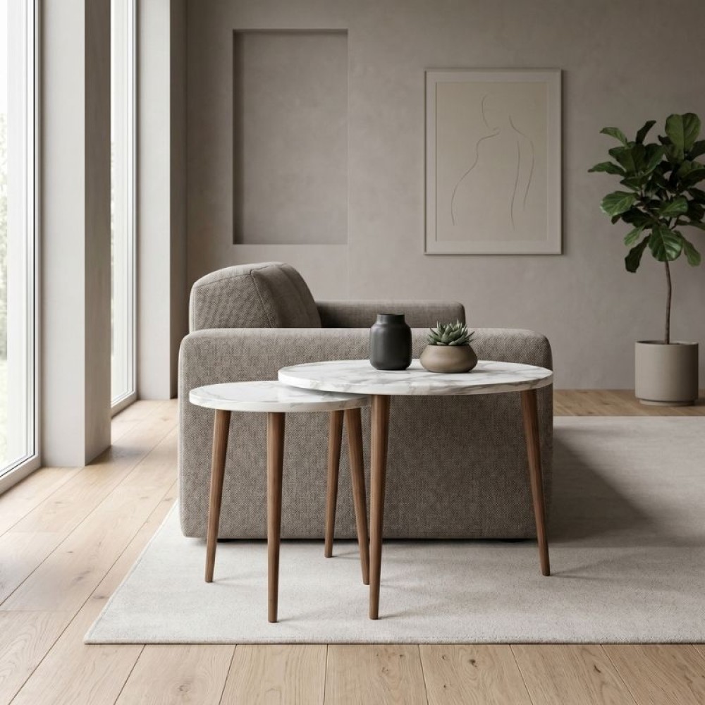Τραπεζάκι σαλονιού σετ 2 τμχ Nola Megapap χρώμα λευκό εφέ μαρμάρου Ø60x46εκ.