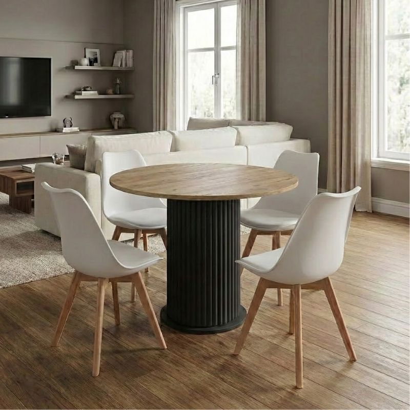 Σετ τραπεζαρία 5τμχ Bohema - Viva Megapap χρώμα μαύρο/sepet oak - λευκό/φυσικό πόδι Ø90x77,7εκ.