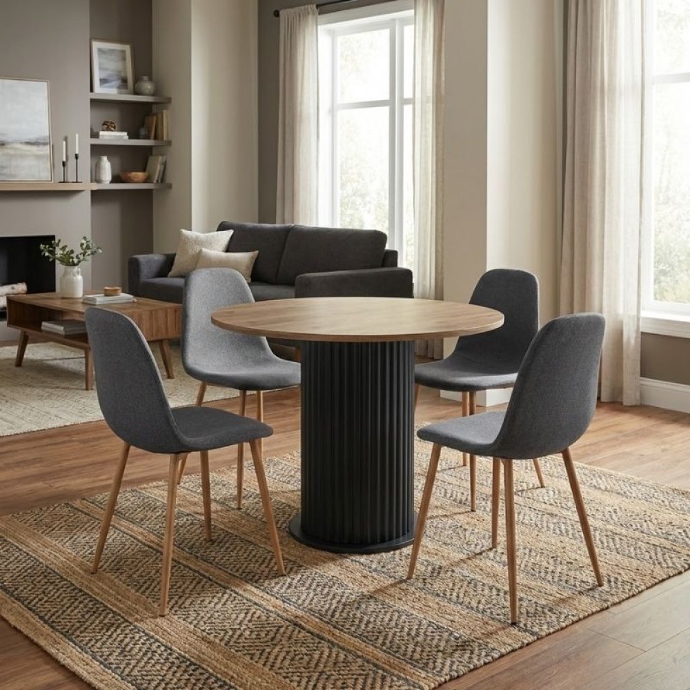 Σετ τραπεζαρία 5τμχ Bohema - Iris Megapap χρώμα μαύρο/sepet oak - γκρι/φυσικό πόδι Ø90x77,7εκ.