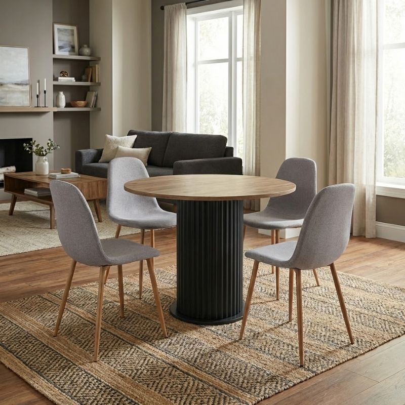 Σετ τραπεζαρία 5τμχ Bohema - Iris Megapap χρώμα μαύρο/sepet oak - ανοιχτό μπεζ/φυσικό πόδι Ø90x77,7εκ.