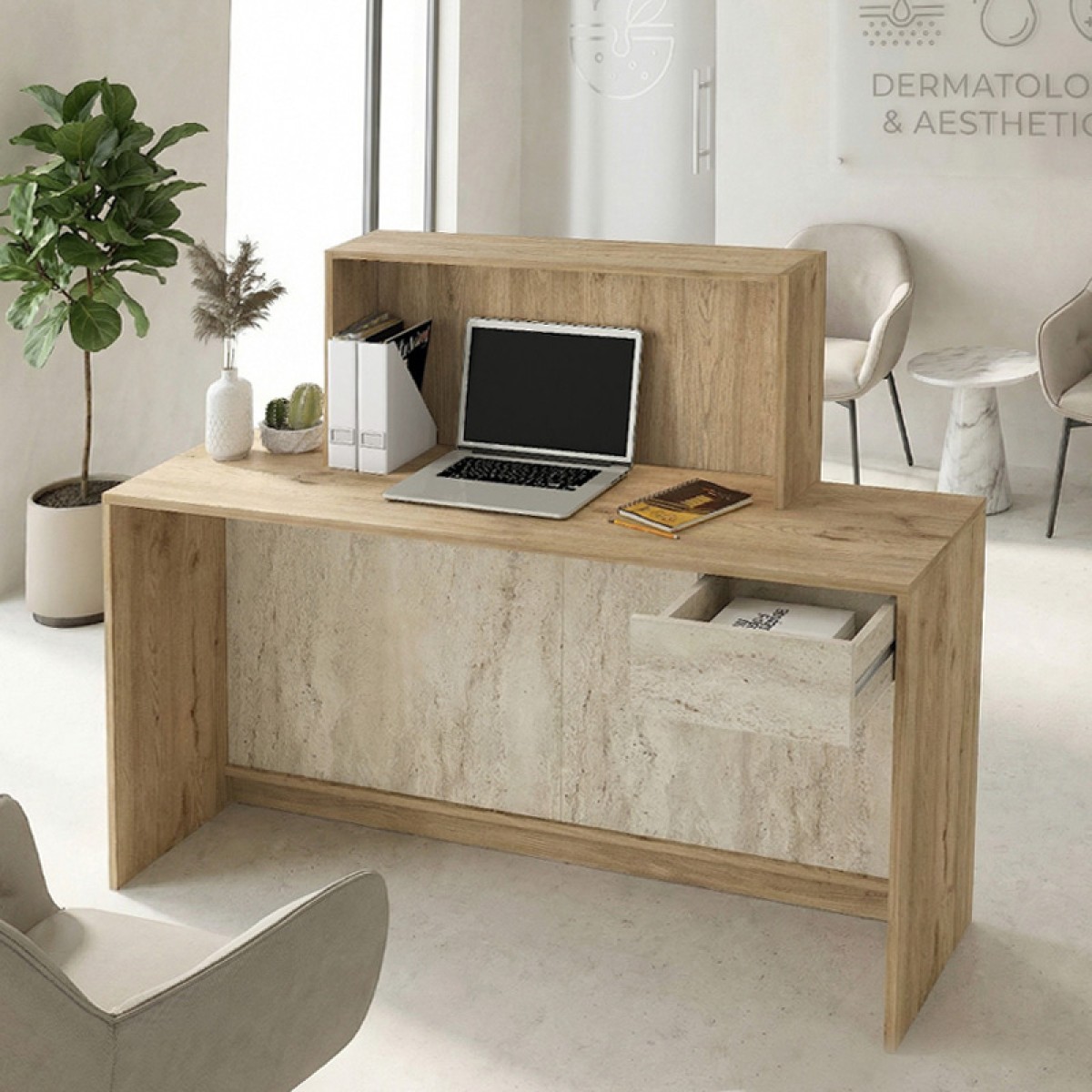 Γραφείο υποδοχής - reception Davis Megapap με LED χρώμα sepet oak - travertine 150x41,8x115εκ.