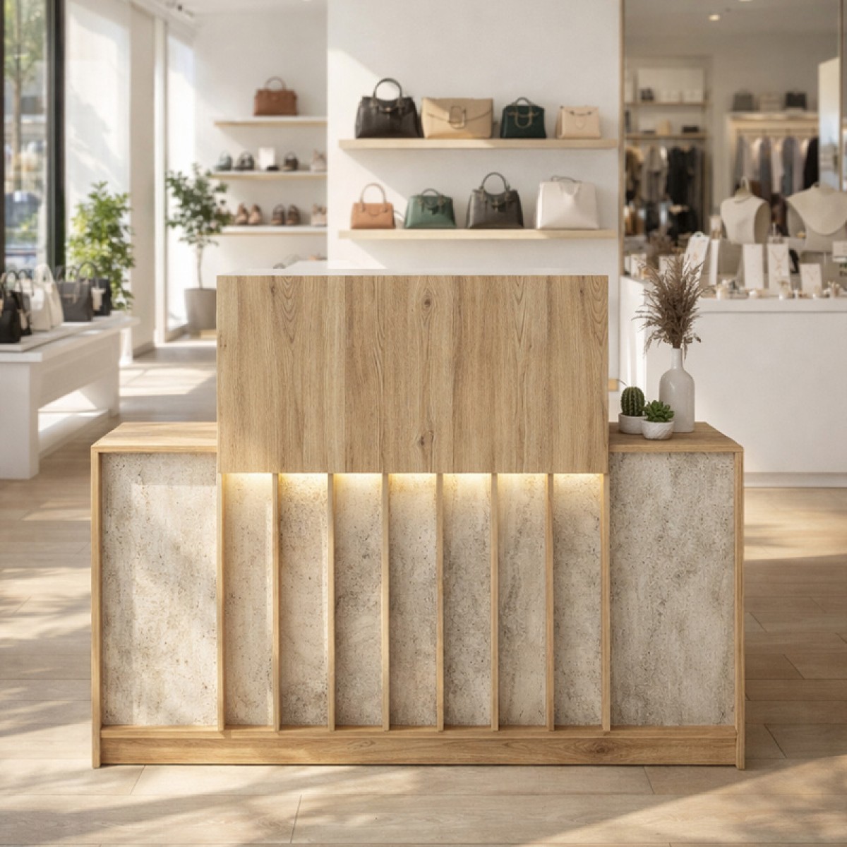 Γραφείο υποδοχής - reception Davis Megapap με LED χρώμα sepet oak - travertine 150x41,8x115εκ.