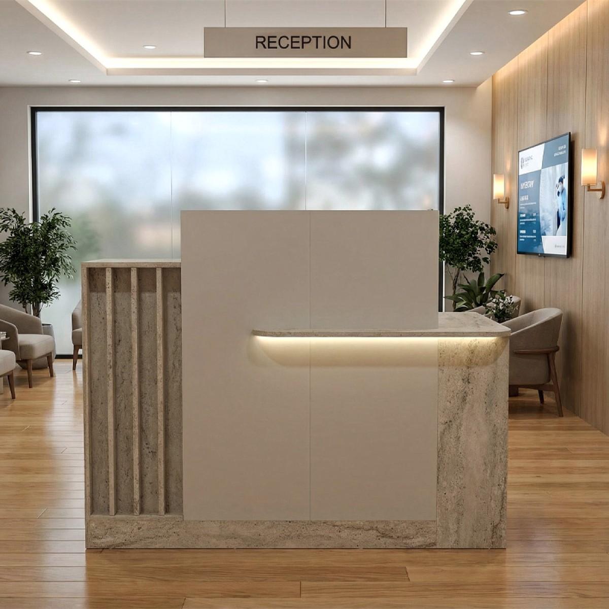 Γραφείο υποδοχής - reception Dayana Megapap με LED χρώμα travertine - sandstone 150x85,2x120εκ.