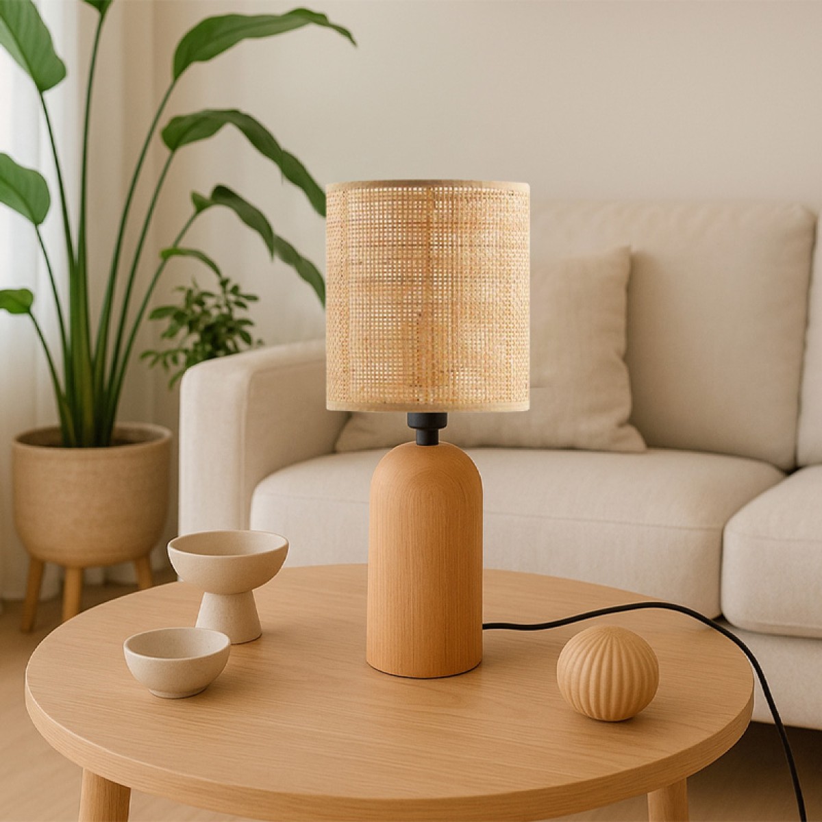 Φωτιστικό επιτραπέζιο Cora Megapap E14 ξύλινο - pe rattan χρώμα φυσικό Ø15x35εκ.