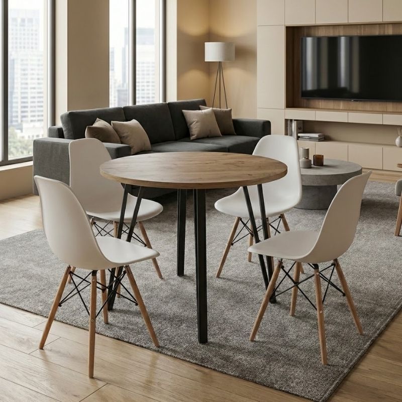 Σετ τραπεζαρία 5τμχ Xana - Nova Megapap χρώμα sepet oak - λευκό Ø90x77,5εκ.