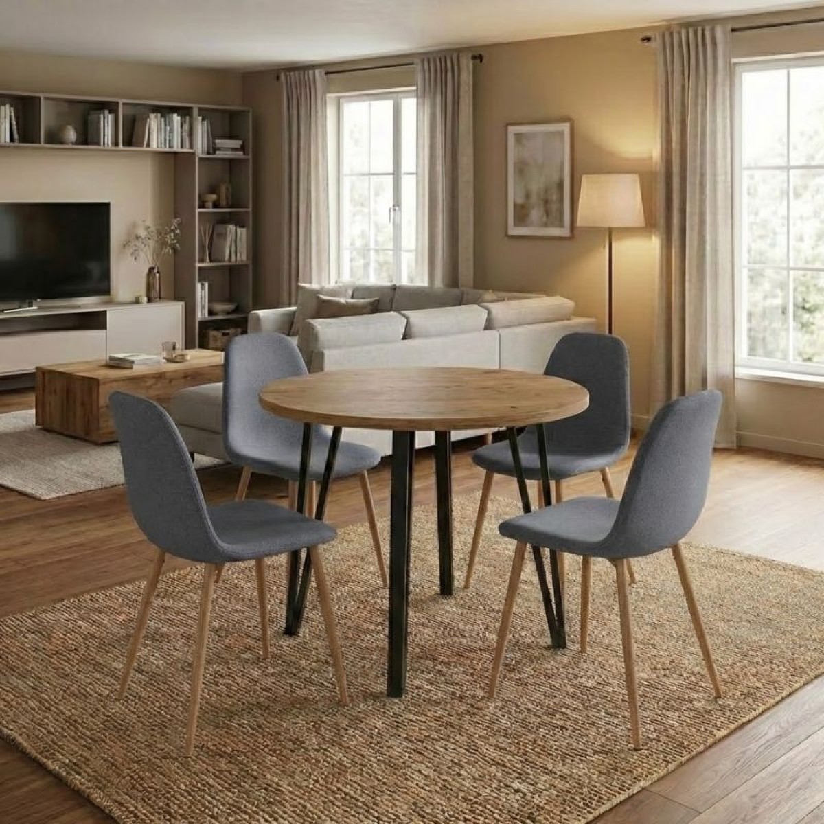 Σετ τραπεζαρία 5τμχ Xana - Iris Megapap χρώμα sepet oak - γκρι/φυσικό πόδι Ø90x77,7εκ.