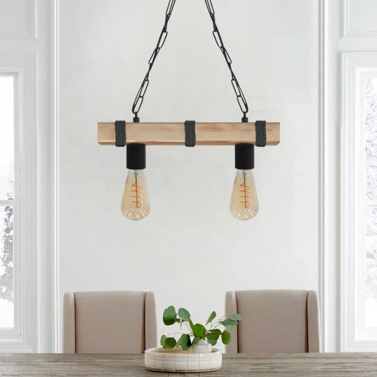 Φωτιστικό οροφής Vero Megapap E27 ξύλινο δίφωτο χρώμα φυσικό - μαύρο 40x8x65εκ.