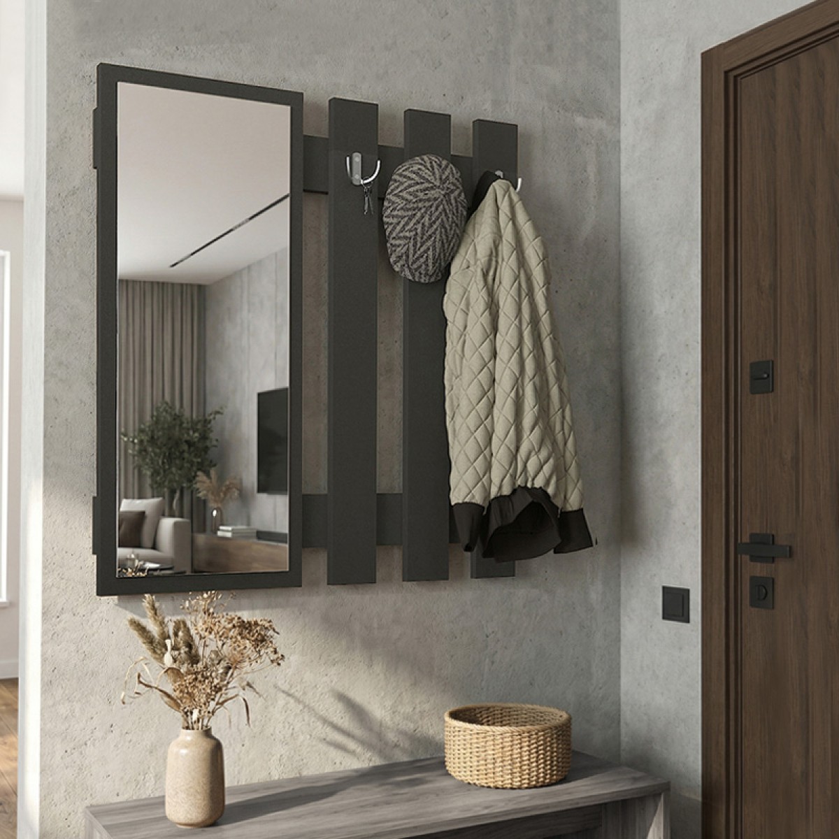 Κρεμάστρα τοίχου με καθρέπτη Folin Megapap χρώμα ανθρακί 90x4x90εκ.