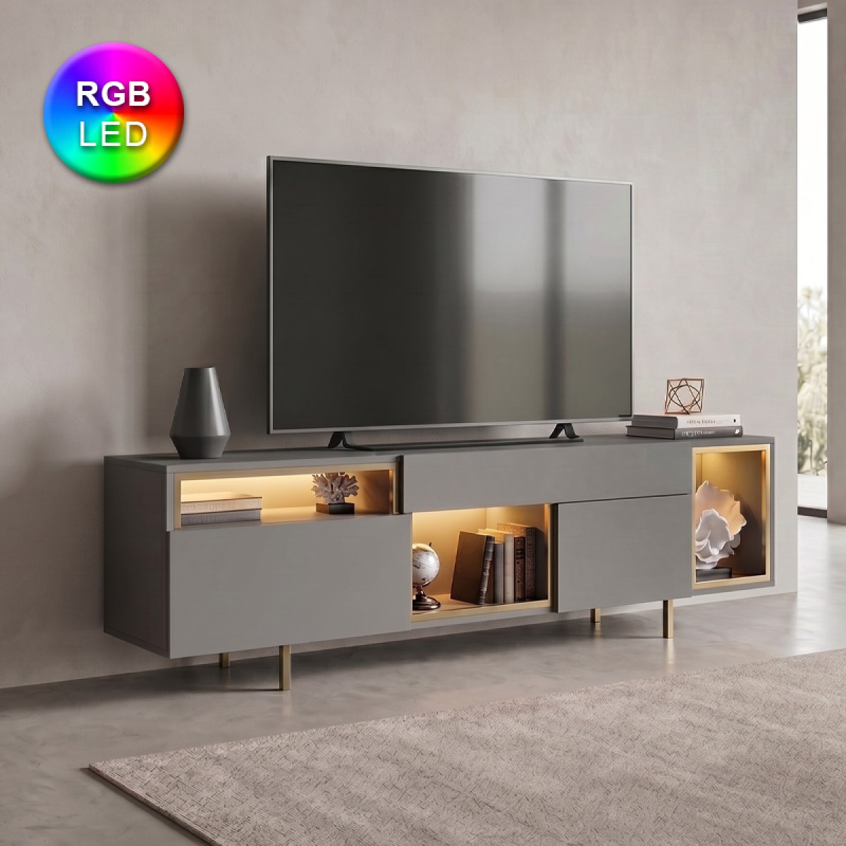 Έπιπλο τηλεόρασης Norm Megapap με Led Rgb χρώμα ανθρακί - χρυσό 180x32x55εκ.