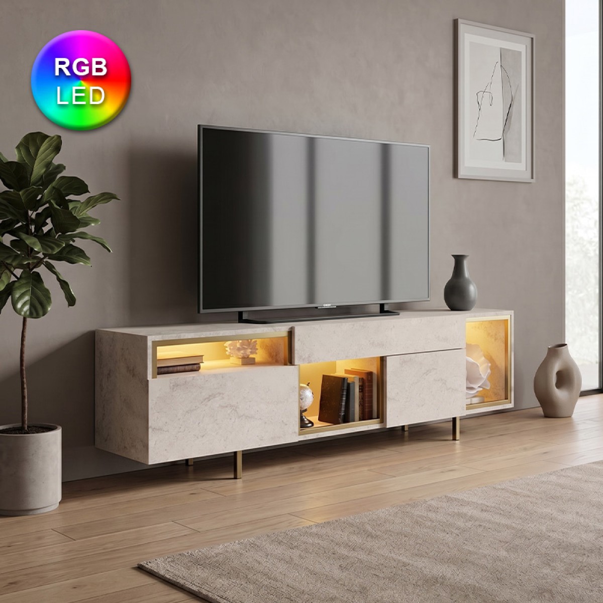 Έπιπλο τηλεόρασης Norm Megapap με Led Rgb χρώμα travertine - χρυσό 180x32x55εκ.