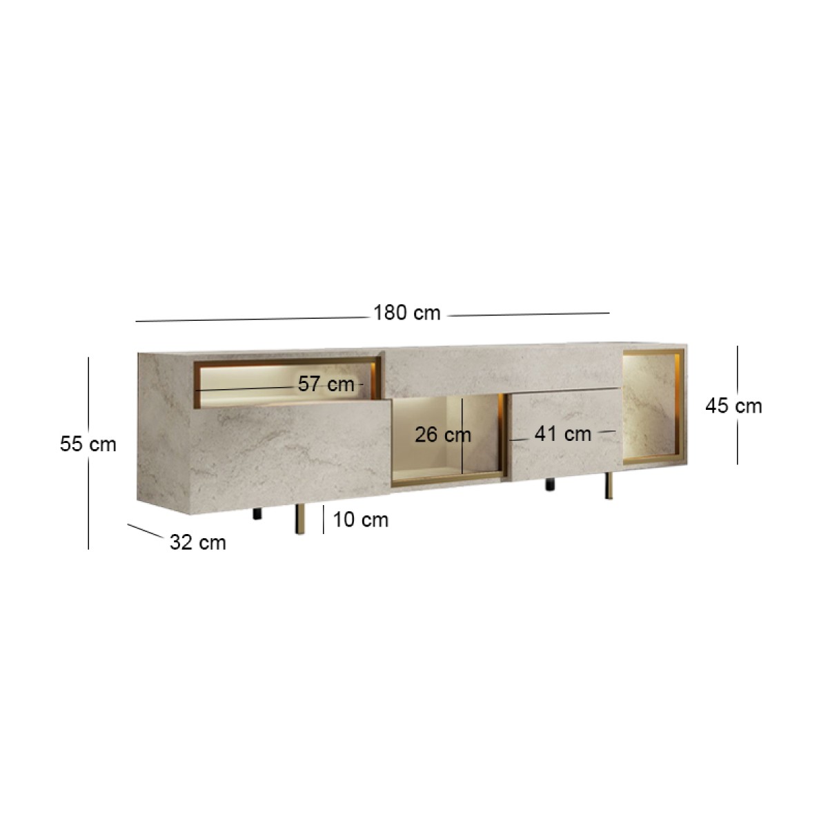 Έπιπλο τηλεόρασης Norm Megapap με Led Rgb χρώμα travertine - χρυσό 180x32x55εκ.