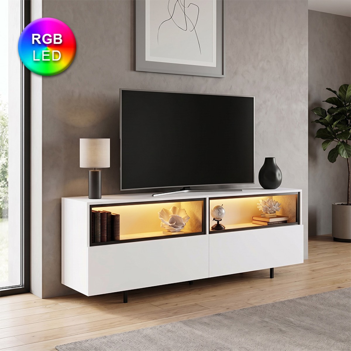 Έπιπλο τηλεόρασης Eco Megapap με Led Rgb χρώμα λευκό 180x32x67εκ.