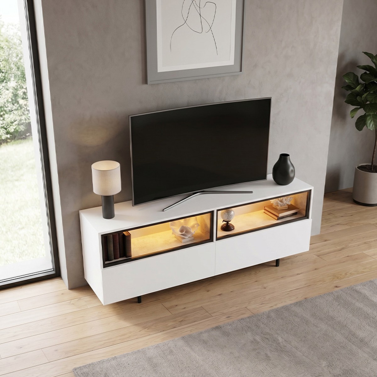 Έπιπλο τηλεόρασης Eco Megapap με Led Rgb χρώμα λευκό 180x32x67εκ.
