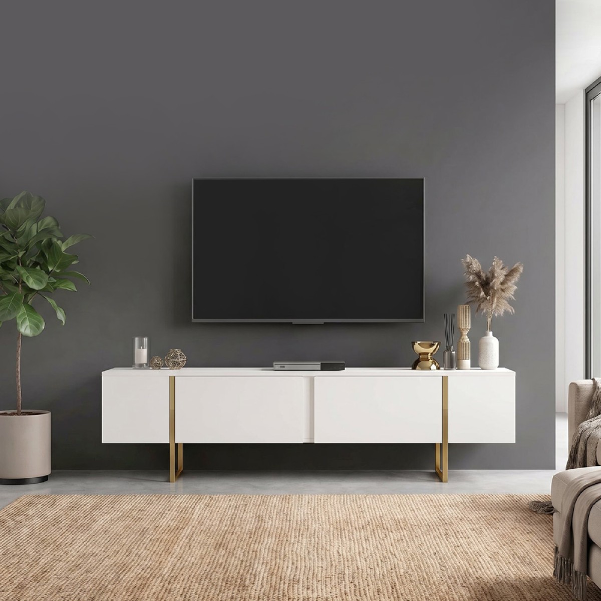 Έπιπλο τηλεόρασης Orontes Megapap χρώμα λευκό - χρυσό 180x29,6x50εκ.