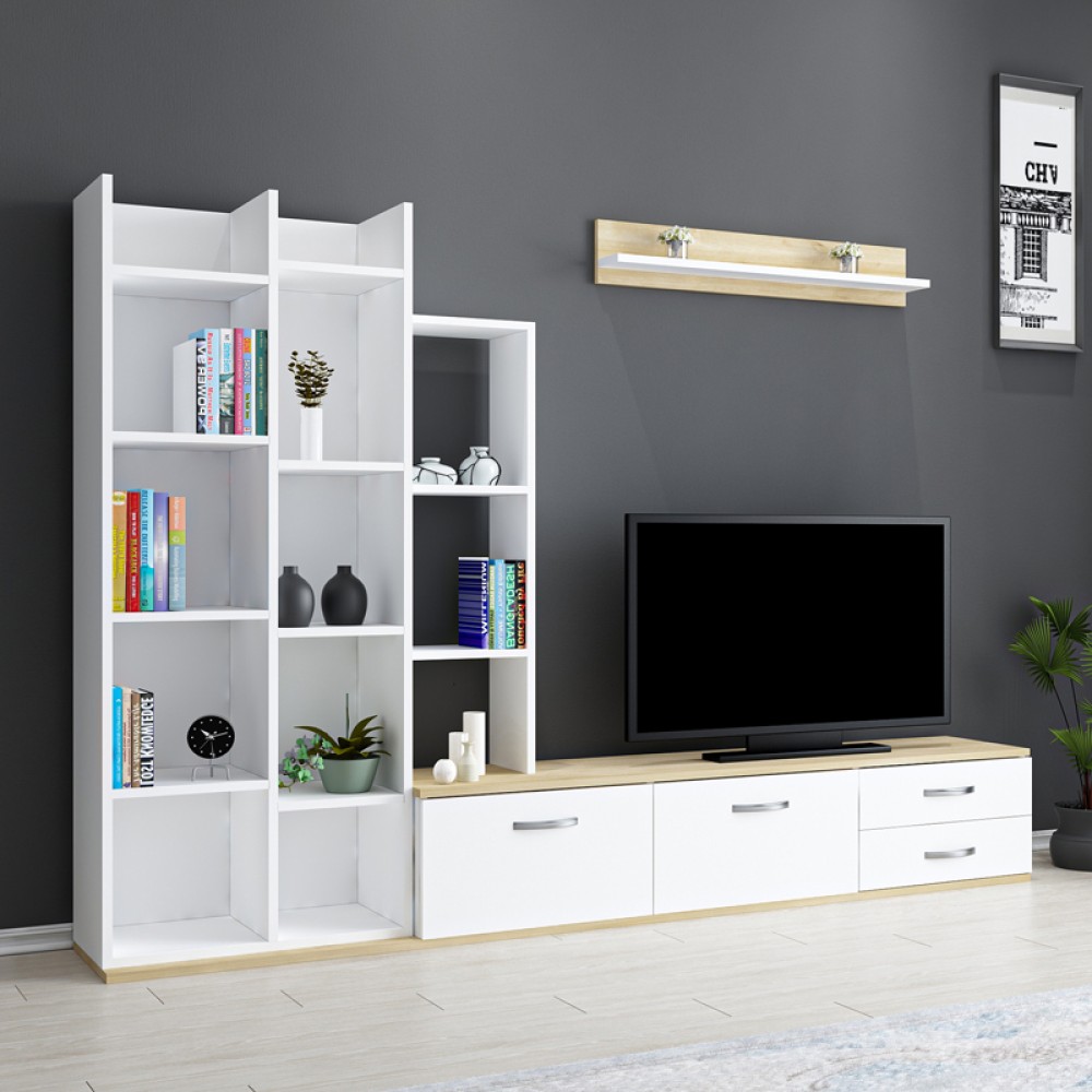 Σύνθετο σαλονιού Leman pakoworld σε λευκή-oak απόχρωση 240x35x154εκ