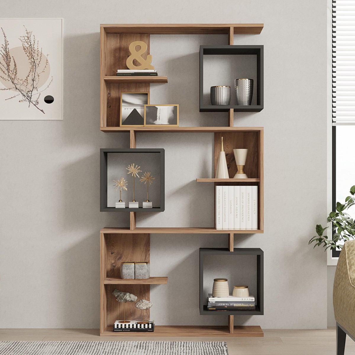 Βιβλιοθήκη Cubix pakoworld σε sonoma-ανθρακί απόχρωση 90x24,6x171,90εκ