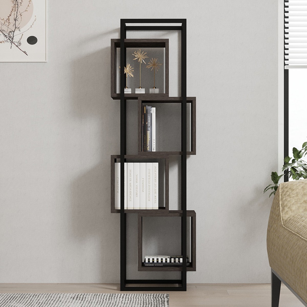 Βιβλιοθήκη Gridur pakoworld σε σκούρο καρυδί απόχρωση 44x29x140εκ
