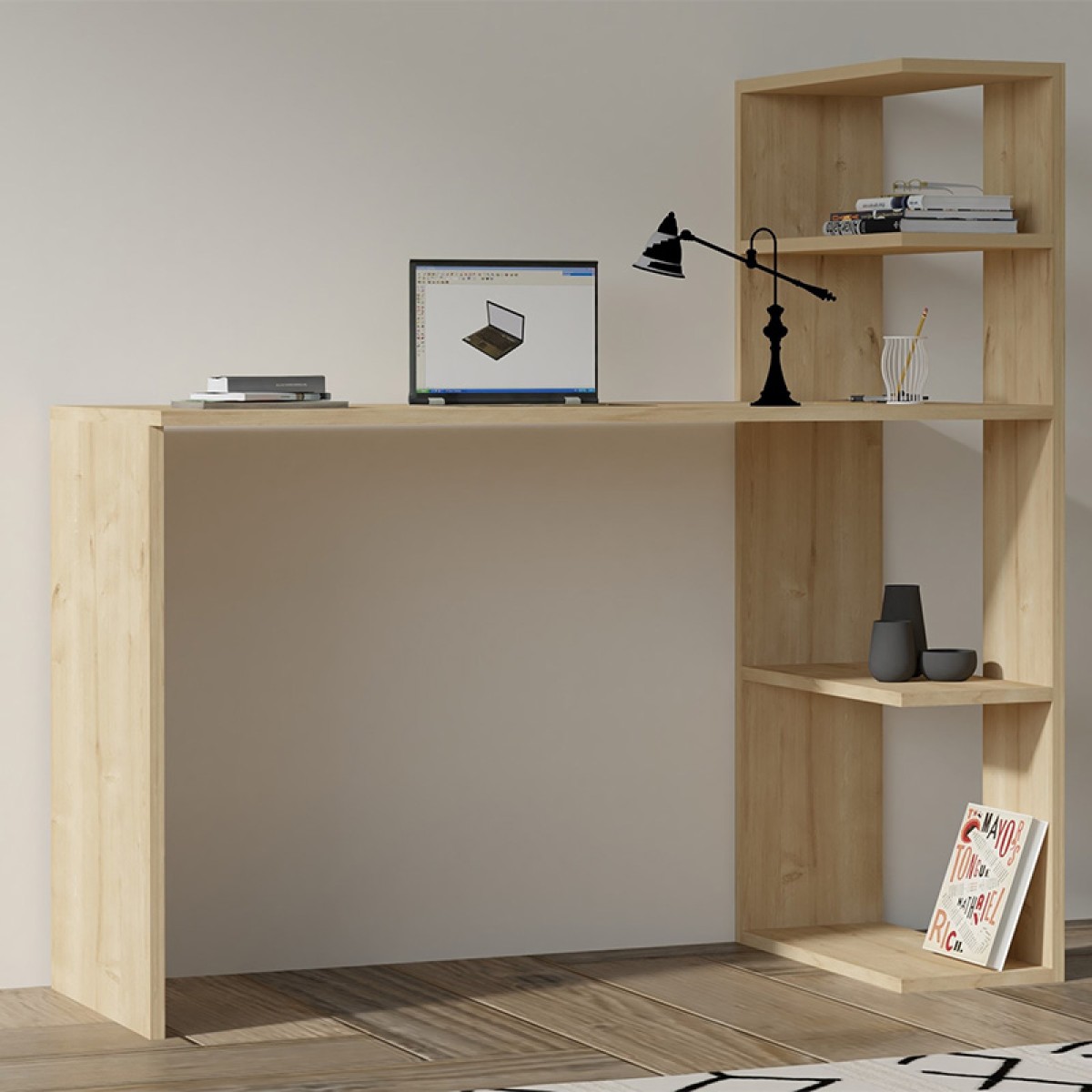 Γραφείο με βιβλιοθήκη Mergo pakoworld σε oak απόχρωση 121x51x75εκ
