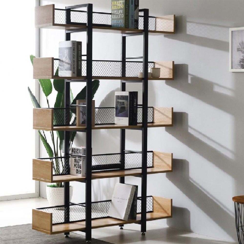 Βιβλιοθήκη Musha pakoworld μέταλλο μαύρο με oak απόχρωση 120x22x185εκ