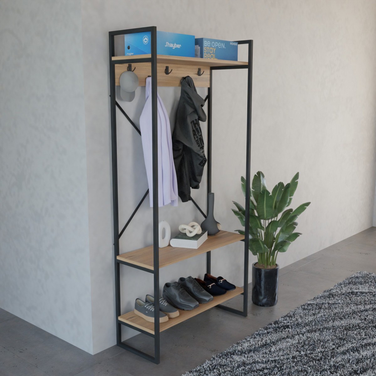 Έπιπλο εισόδου Levento pakoworld oak με μαύρο μεταλλικό σκελετό 88x34x180εκ Έπιπλο εισόδου Levento pakoworld oak με μαύρο μεταλλικό σκελετό 88x34x180εκ