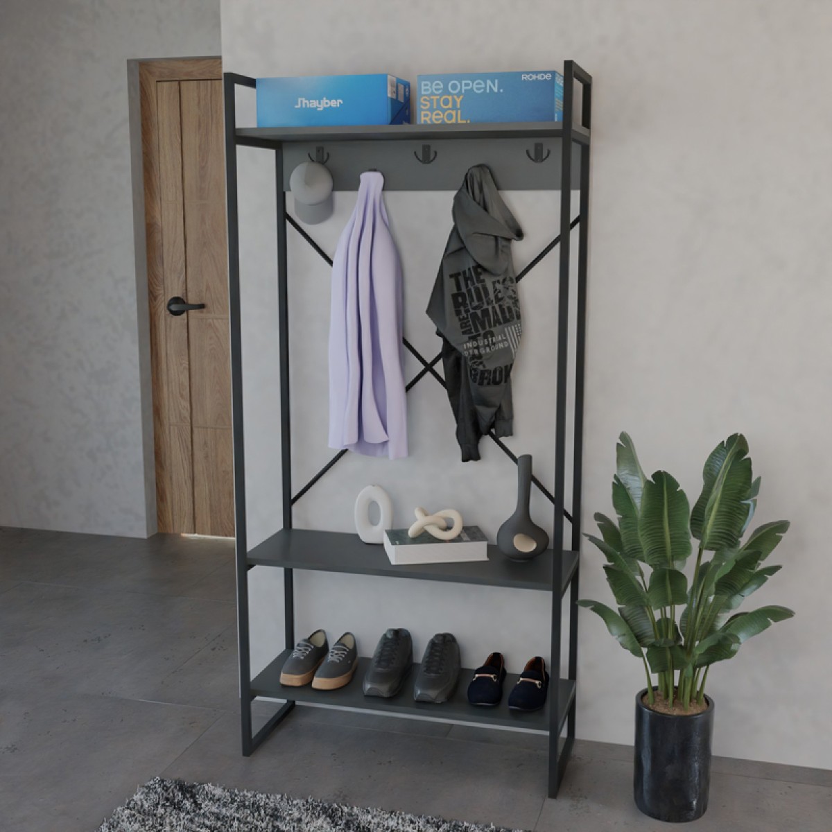 Έπιπλο εισόδου Levento pakoworld ανθρακί με μαύρο μεταλλικό σκελετό 88x34x180εκ Έπιπλο εισόδου Levento pakoworld ανθρακί με μαύρο μεταλλικό σκελετό 88x34x180εκ