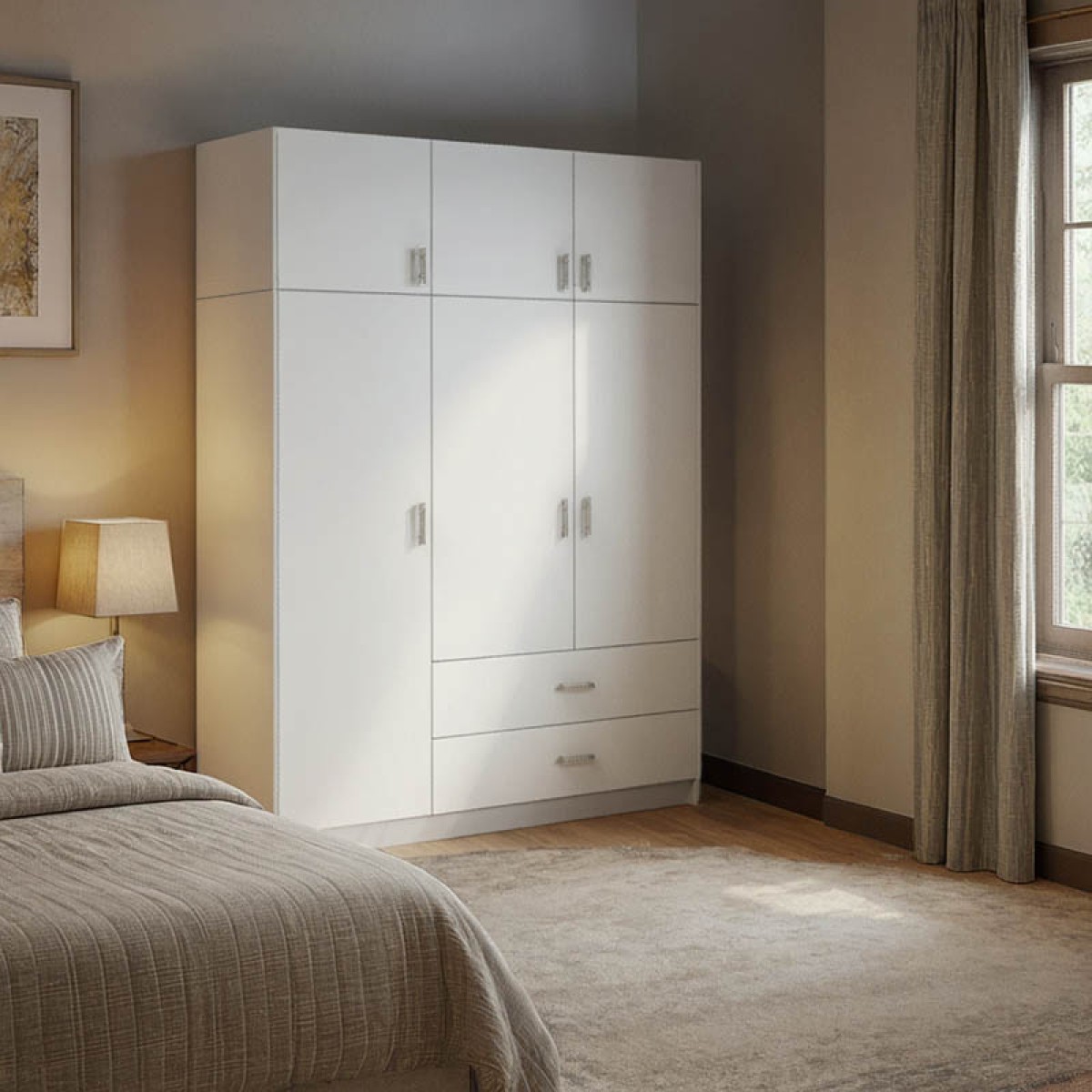 Ντουλάπα τρίφυλλη Royal pakoworld με συρτάρια και πατάρι λευκό 150x58x230εκ