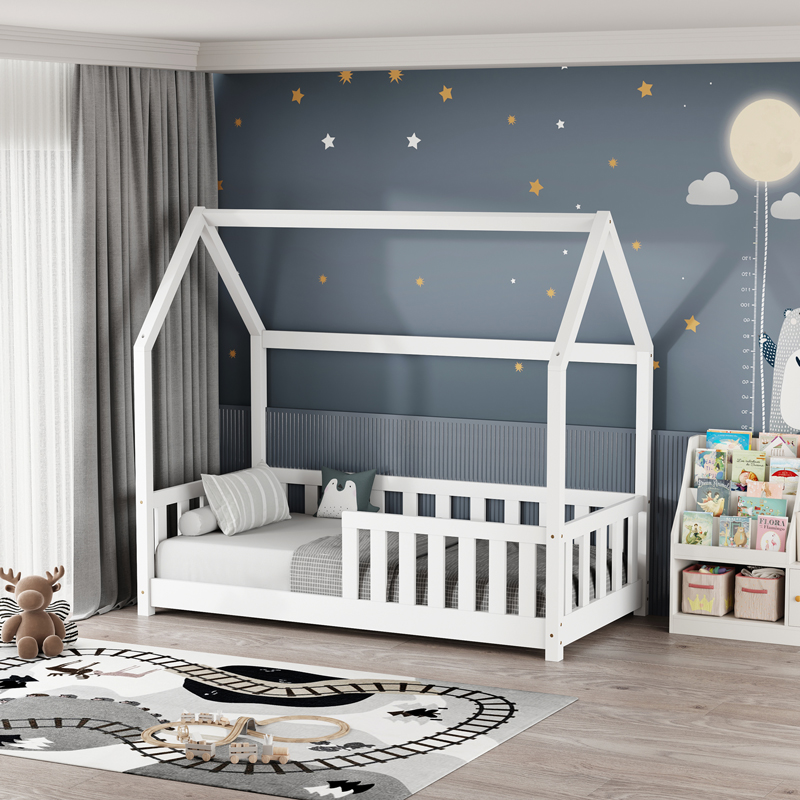 Παιδικό κρεβάτι Bambie με κιγκλίδωμα τ.Montessori pakoworld ξύλο πεύκου σε λευκή απόχρωση 70x140εκ