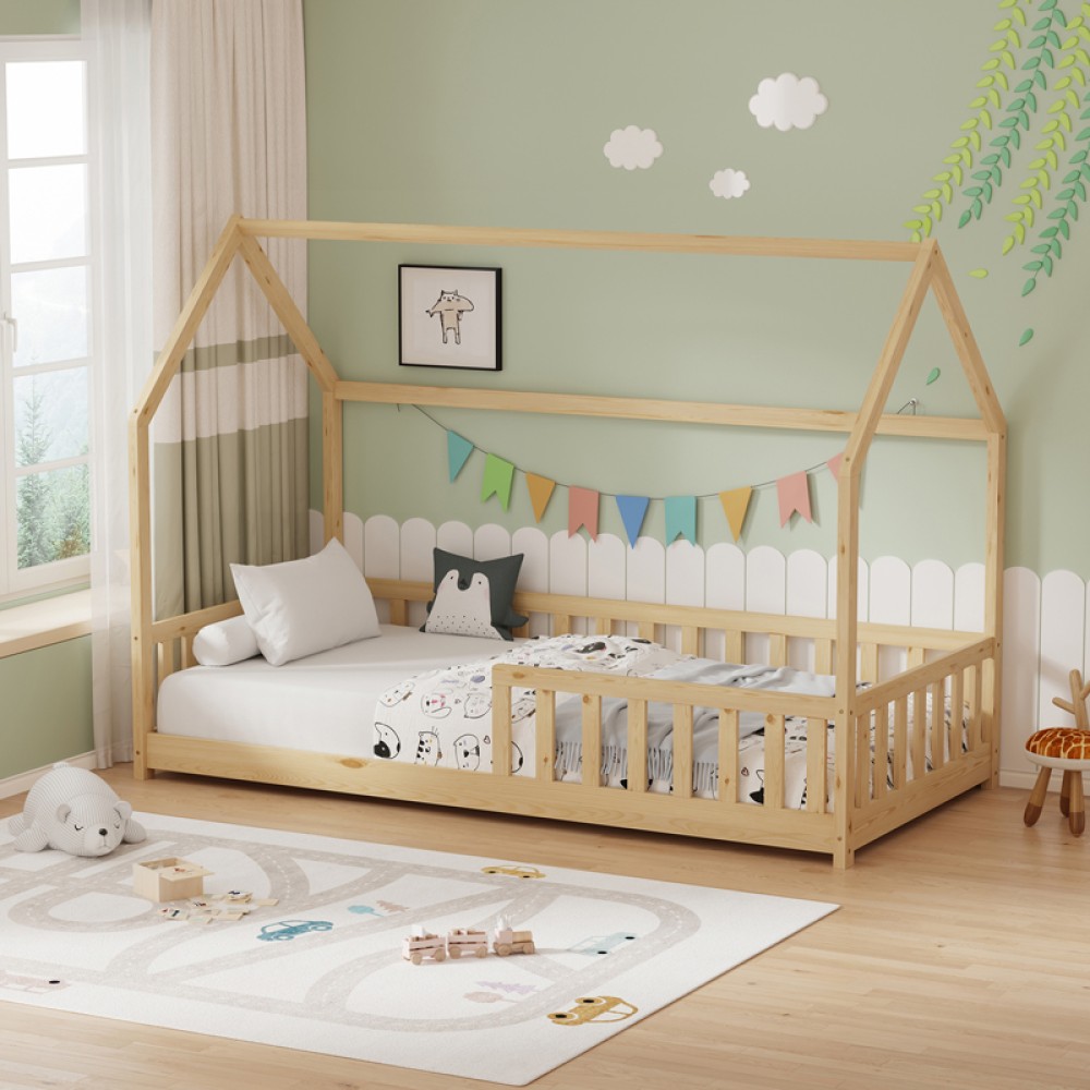 Παιδικό κρεβάτι Callan τ.Montessori με κιγκλίδωμα pakoworld ξύλο πεύκου σε φυσική απόχρωση 90x190εκ